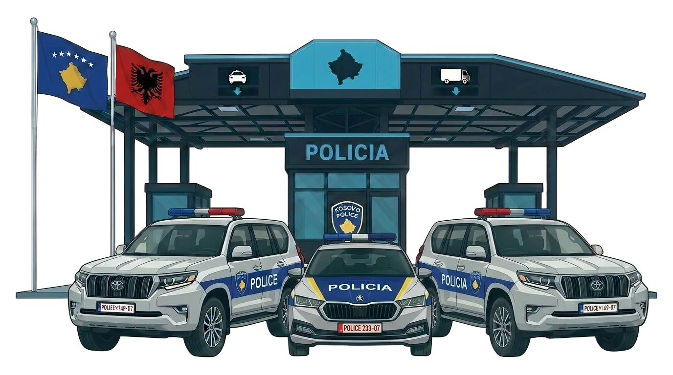 Pika kufitare e Kosovës me policinë e Kosovës dhe flamurin e Kosovës e Shqipërisë